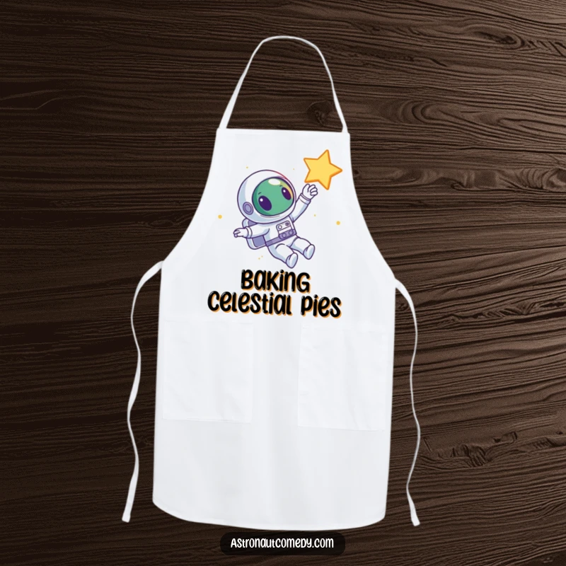 Funny apron with a curious alien astronaut floating in space, happily reaching for a star while in the kitchen.