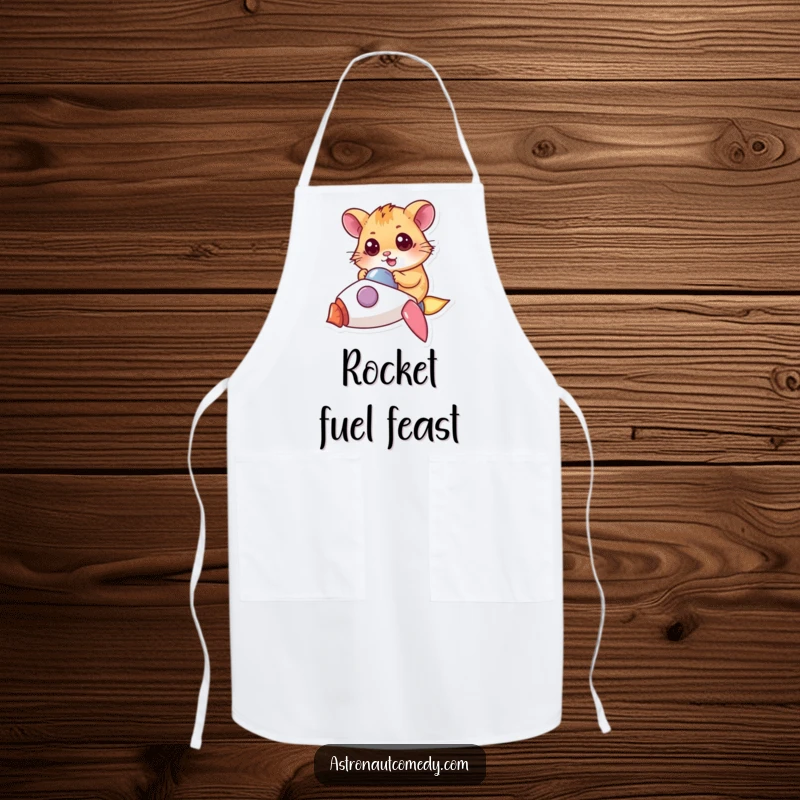 Funny apron showing a determined hamster piloting a small rocket, ready to prepare cosmic culinary delights.
