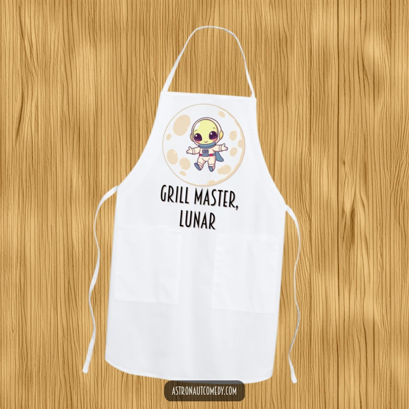 Funny apron with a cheerful alien astronaut in a spacesuit bouncing playfully on the moon, ready to cook.