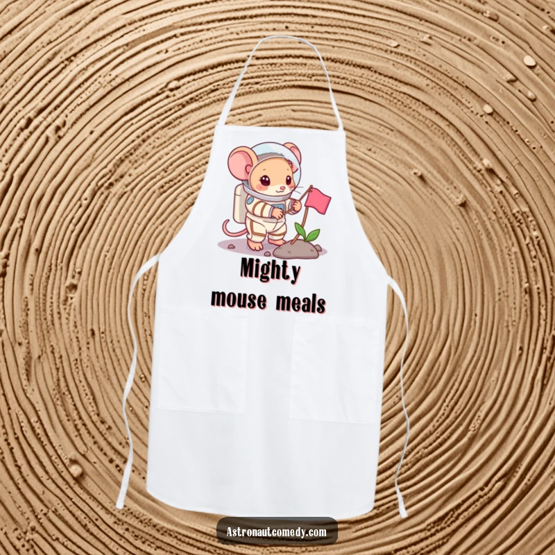 Funny apron depicting a brave mouse piloting a spaceship and planting a flag, ready to cook cosmic cuisine.