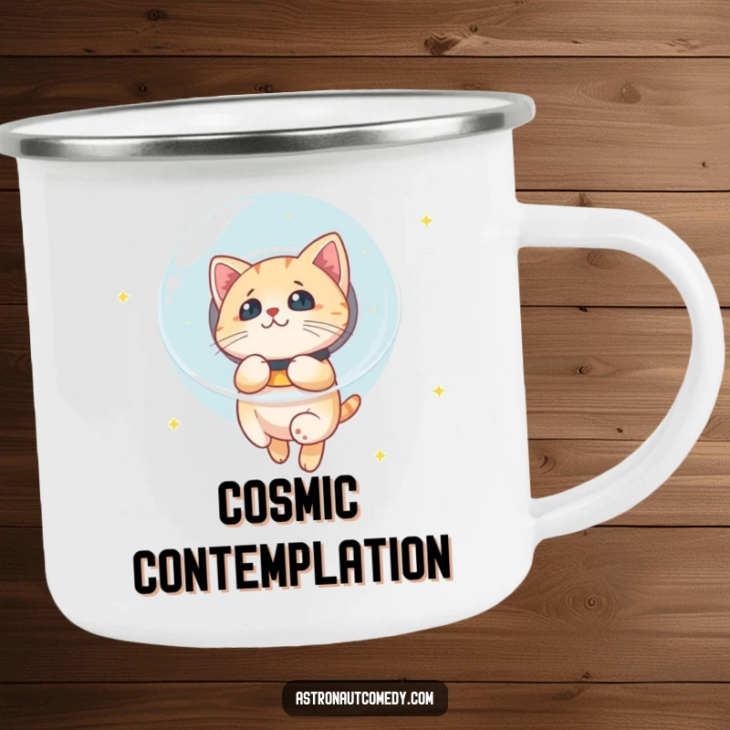 Funny camping mug featuring a curious cat in a bubble helmet floating in space, gazing at stars.