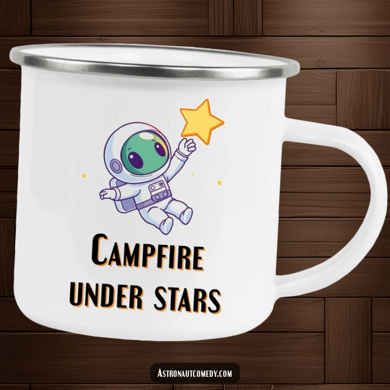 Funny camping mug with a curious alien astronaut floating in space, reaching for a star, designed for outdoor use.