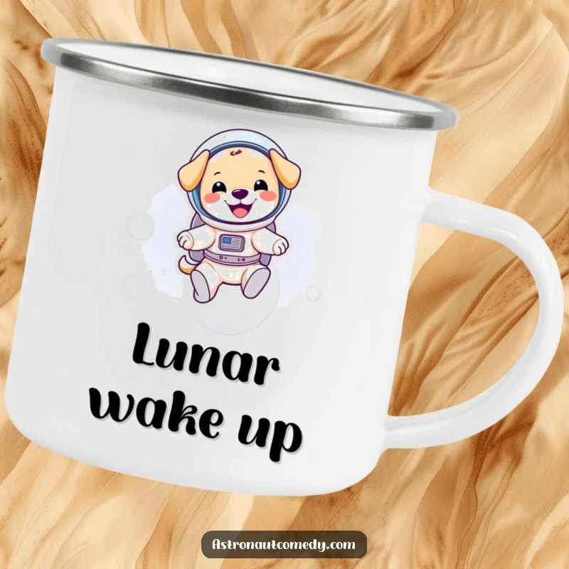 Funny camping mug with a puppy astronaut in a spacesuit bouncing on the moon, perfect for outdoor drinks.