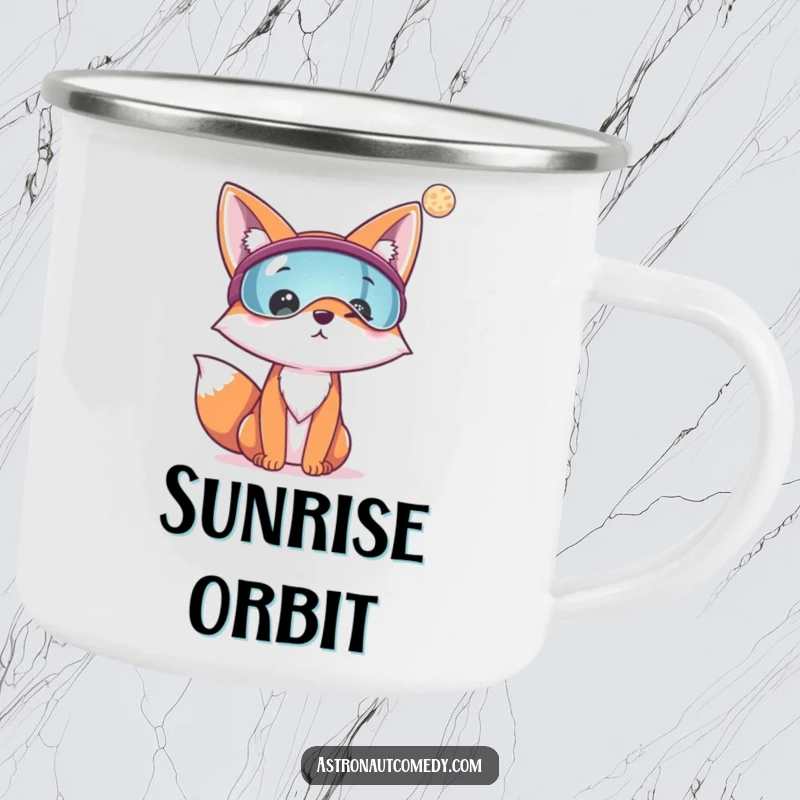 Funny camping mug with a cheerful fox wearing a visor, looking at a distant planet, perfect for outdoor drinks.
