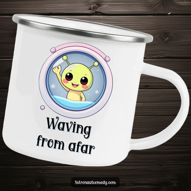 Funny camping mug with a cheerful alien waving from a spaceship window, designed for rugged outdoor use.
