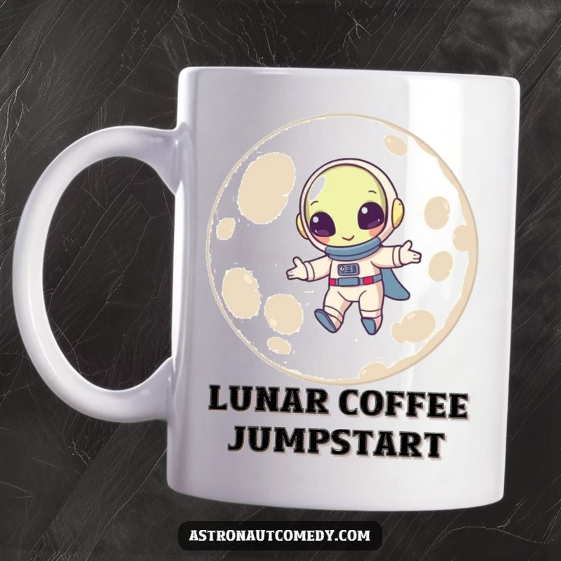 Funny mug depicting a beaming alien in a spacesuit joyfully bouncing with low gravity on the surface of the moon.