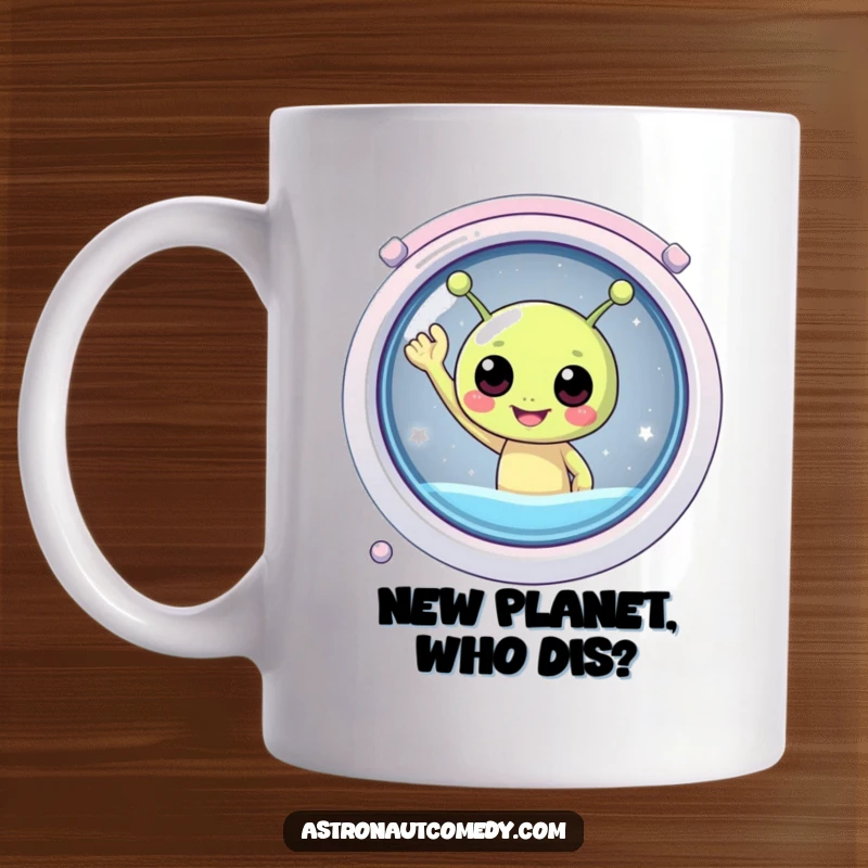 Funny mug with a round, ecstatic alien waving hello from a spaceship window, radiating pure joy and friendly vibes.