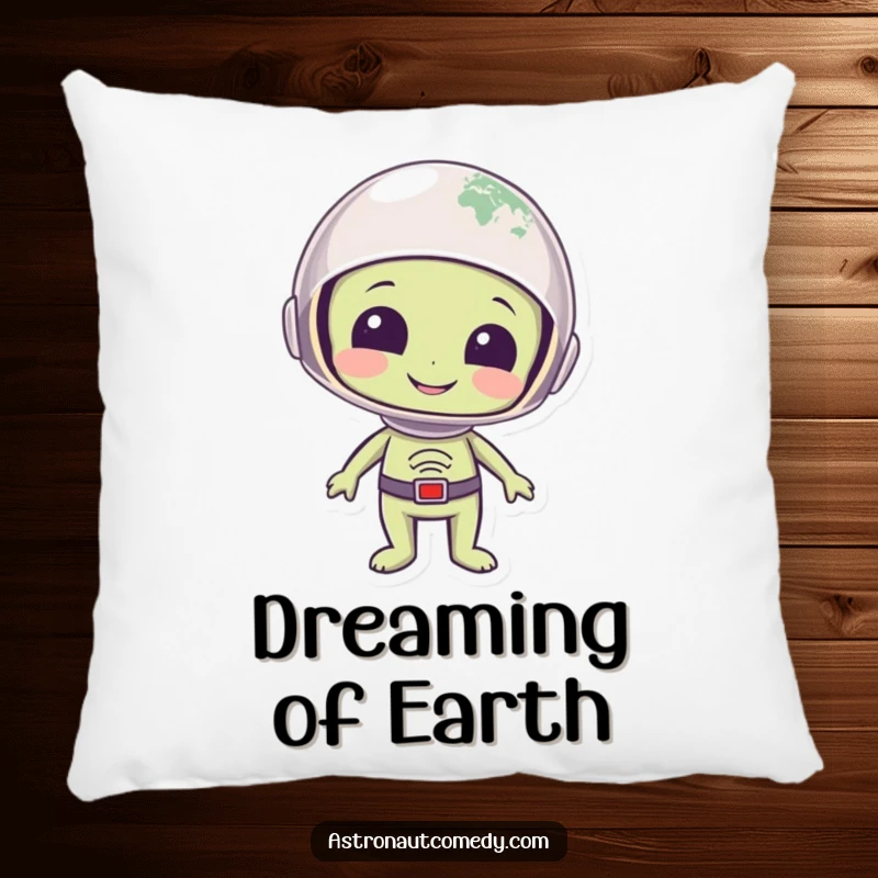 Funny pillow showing a smiling alien in a helmet observing planet Earth with a look of pure wonder and amazement.