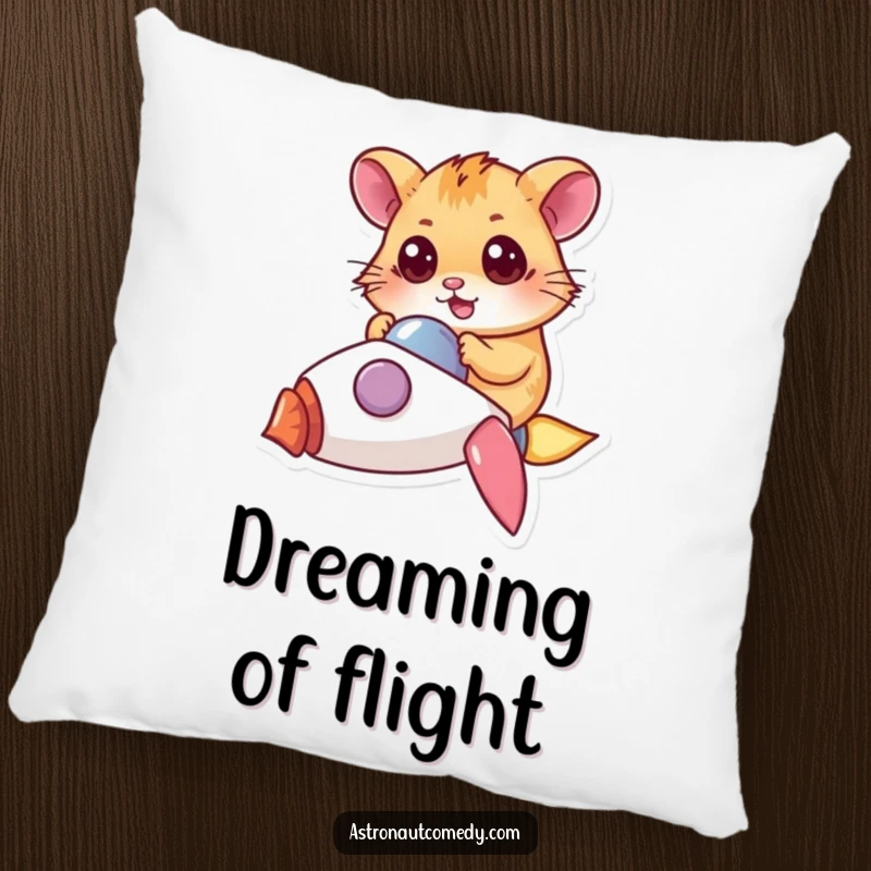 Funny, soft pillow with a determined hamster piloting a tiny rocket, perfect for adding comfort and humor.