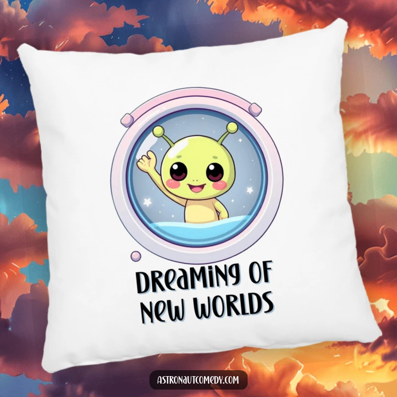 Funny pillow showcasing a round, jubilant alien waving cheerfully from the window of a spacecraft, perfect for sofas.