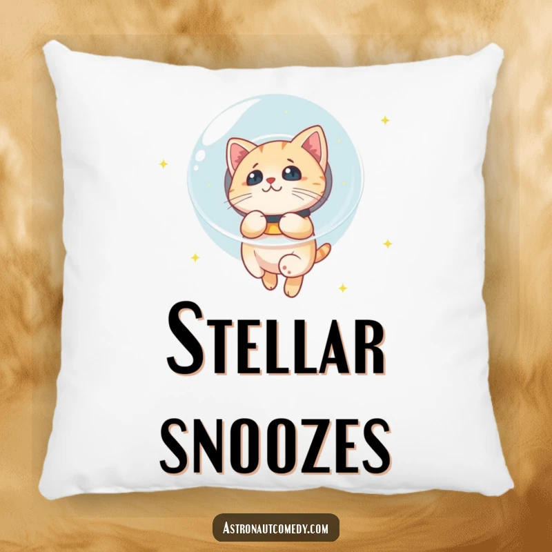 Funny, soft pillow featuring a curious cat in a bubble helmet floating in space, gazing at a star-filled sky.