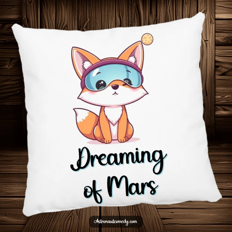 Funny, soft pillow featuring a cheerful fox wearing a visor, looking at a distant planet, perfect for cozying up.