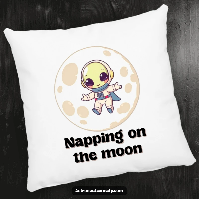 Funny pillow featuring a beaming alien in a spacesuit executing a joyful low-gravity bounce on the moon's surface.