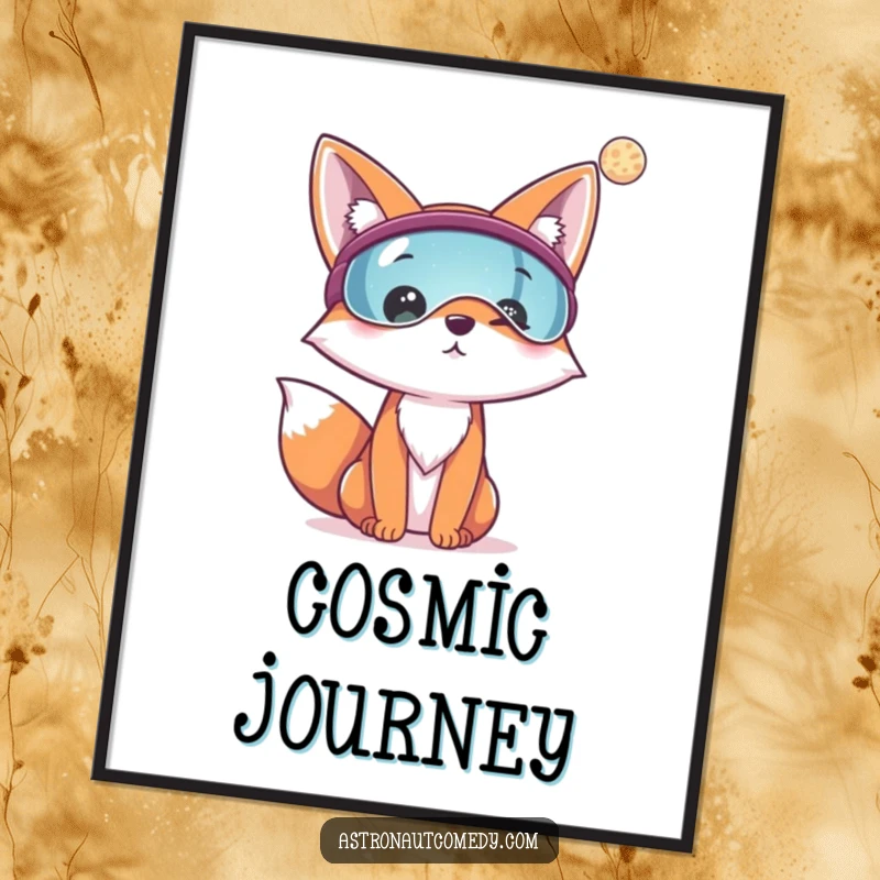 Funny digital art of a cheerful fox wearing a visor, looking at a distant planet, a great printable for explorers.