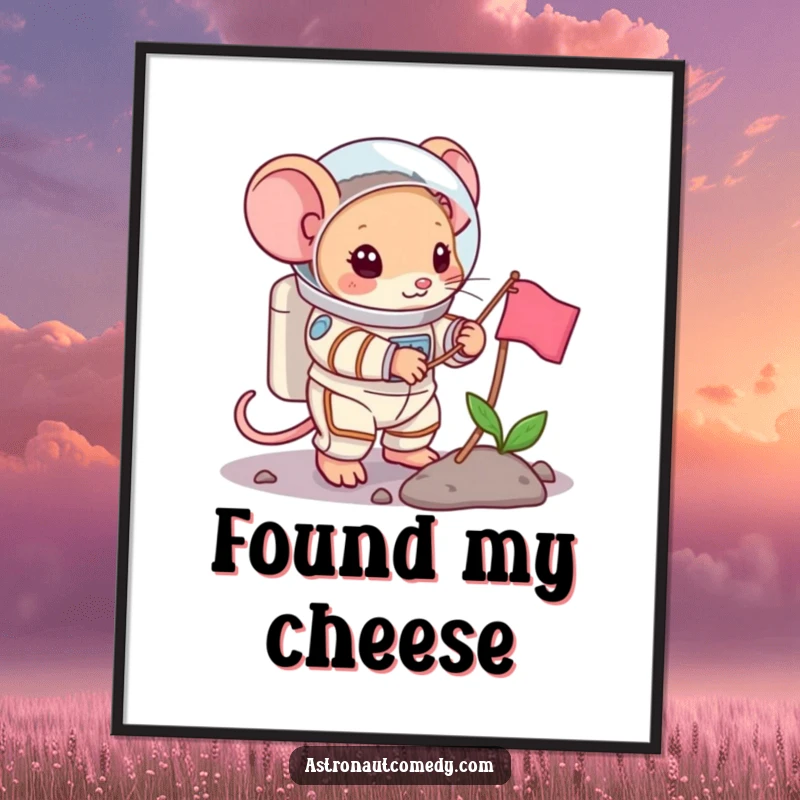 Funny digital art of a brave mouse in a spacesuit planting a small flag, a great printable for inspiration.