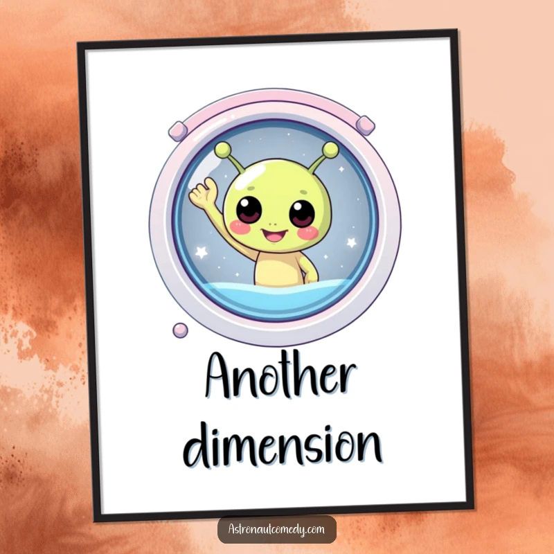 Funny digital art print of a round, joyful alien with antennae waving happily from inside a spaceship window.