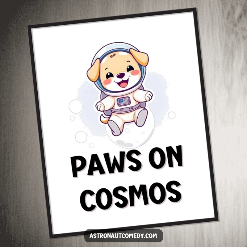 Funny digital art print of a puppy astronaut joyfully bouncing on the moon, a perfect printable for space lovers.