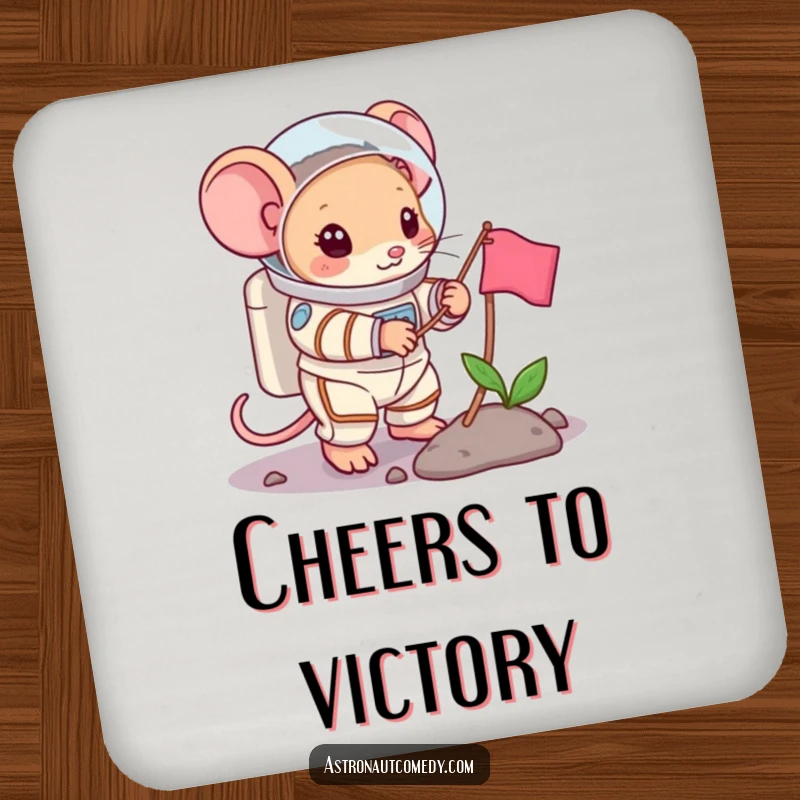 Funny drink coasters featuring a brave mouse in a spacesuit planting a flag, protecting tables with style.