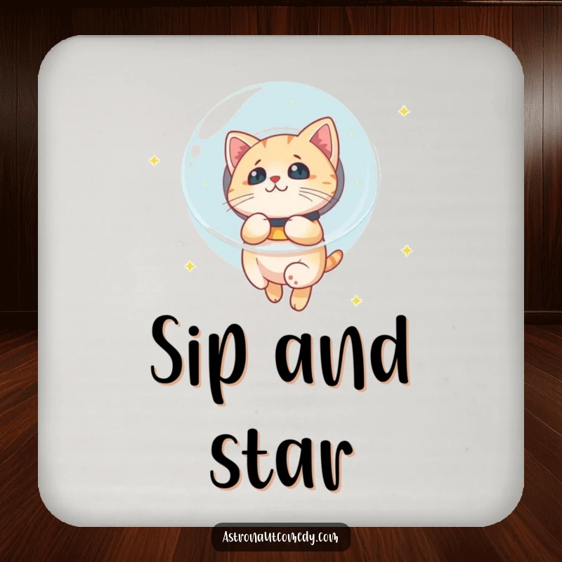 Funny drink coasters depicting a curious cat in a bubble helmet floating in space, protecting tables from drinks.