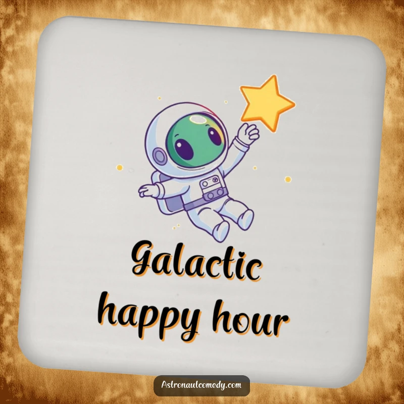 Funny drink coaster featuring a curious alien astronaut floating in space, reaching out towards a sparkling star.