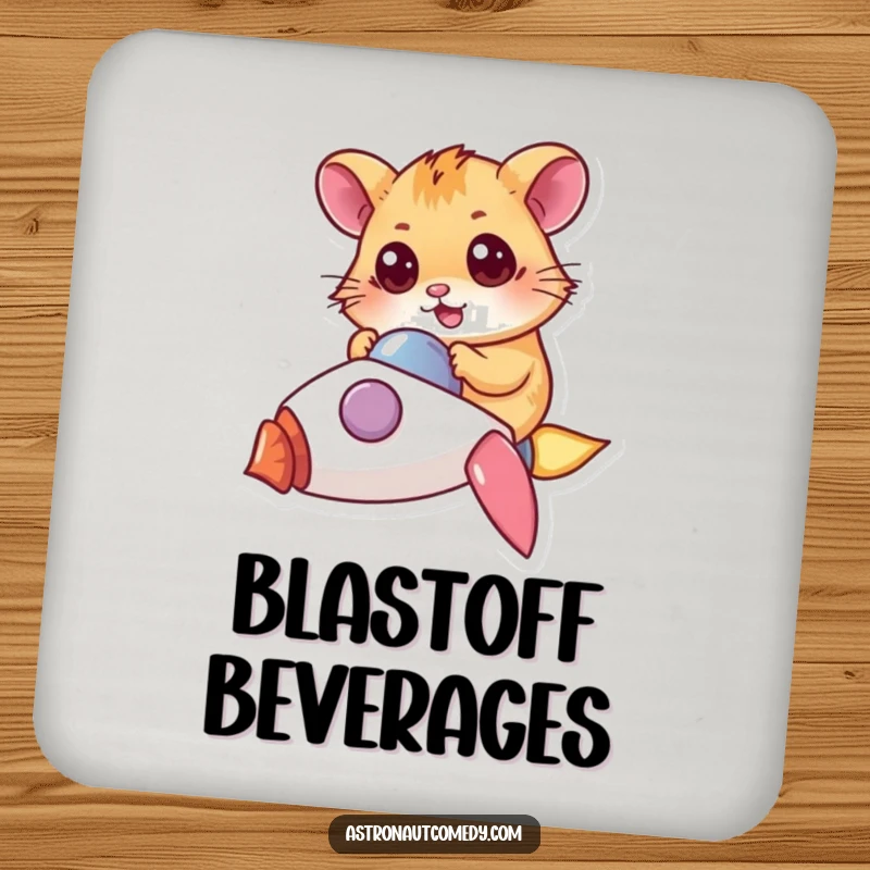 Funny drink coasters featuring a determined hamster piloting a tiny rocket, protecting surfaces with style.