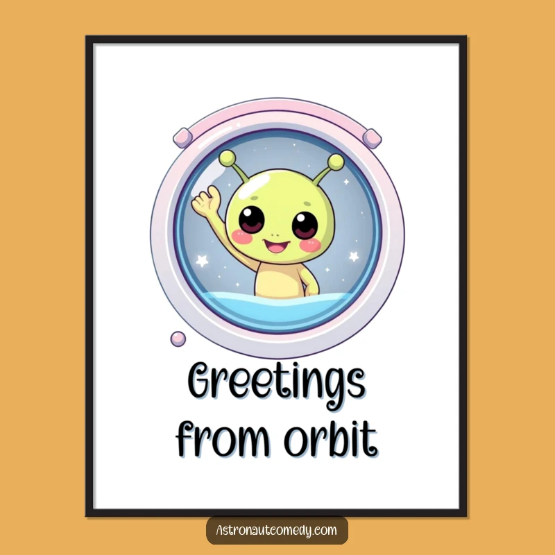 Funny Alien Spaceship Poster - Joyful Waving Extraterrestrial Wall Art Gift