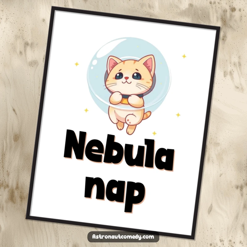 Funny poster art of a curious cat in a bubble helmet floating in the vastness of space among twinkling stars.