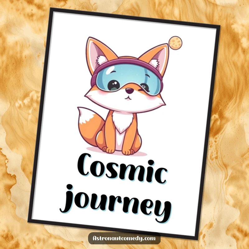 Funny poster art of a cheerful fox wearing a visor, looking intently at a distant planet in the vastness of space.