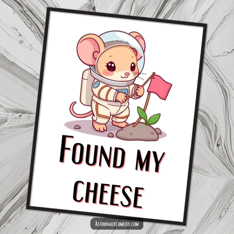 Funny poster art of a brave mouse in a bulky spacesuit planting a small flag on a distant planet.