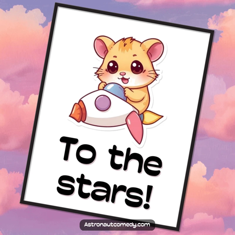 Funny poster art of a determined hamster with wide eyes piloting a tiny rocket, soaring through starry space.