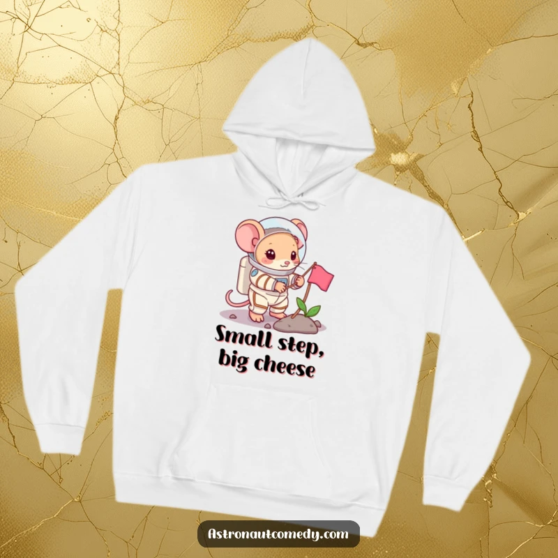Funny and warm hoodie showing a brave mouse in a bulky spacesuit planting a small flag, celebrating a space mission.