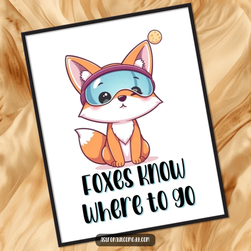 Funny Free Printable Fox Space Wall Art: A cheerful fox wearing a visor looks intently at a mysterious, distant planet in outer space.