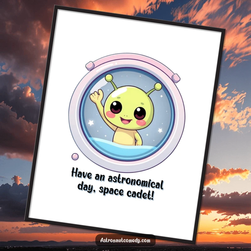 Funny Free Printable Wall Art: a joyful, round alien with antennae waving energetically from inside a spaceship window.