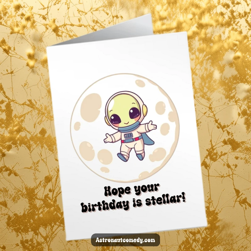 Funny Free Printable Birthday Card featuring a beaming alien in a spacesuit joyfully bouncing on the surface of the moon.
