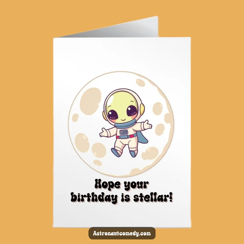 Free Printable Birthday Card: Bouncing Alien on Moon, Funny Downloadable Gift for Space Fans