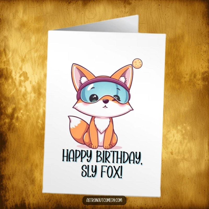 Funny Free Printable Fox Birthday Card: Cheerful fox in a visor looks at a distant planet, celebrating a birthday.