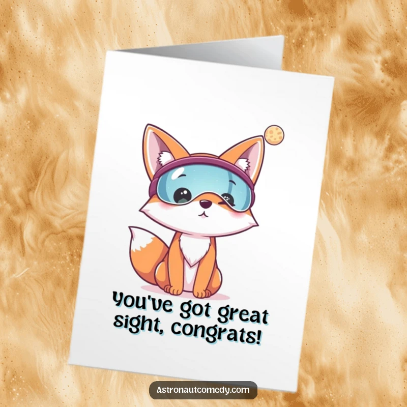 Funny Free Printable Fox Congratulations Card: Cheerful fox in a visor observes a distant planet, celebrating success.
