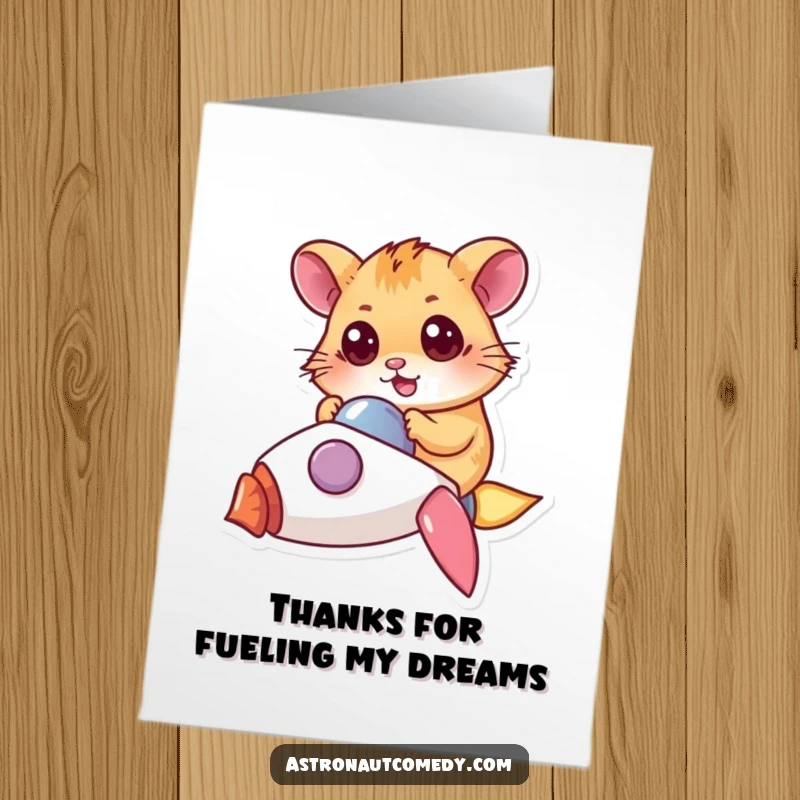 Funny Free Printable Hamster Thank You Card: A determined hamster in a rocket expresses thanks for stellar support.
