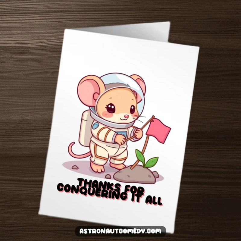 Funny Free Printable Mouse Thank You Card: Brave mouse plants a flag, showing thanks for heroic support.