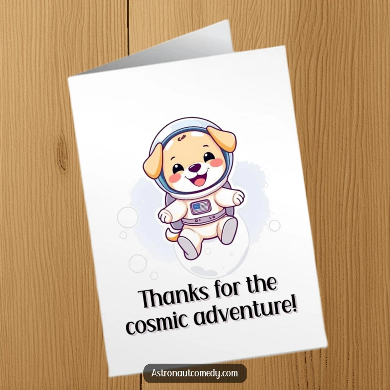 Funny Free Printable Puppy Thank You Card: Happy puppy in a spacesuit planting a flag on the moon, showing cosmic appreciation.