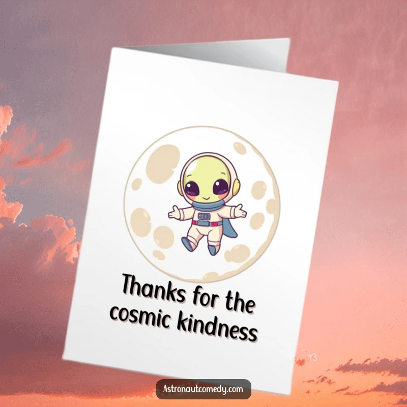 Funny Free Printable Thank You Card: a beaming alien in a spacesuit excitedly bounces on the moon.