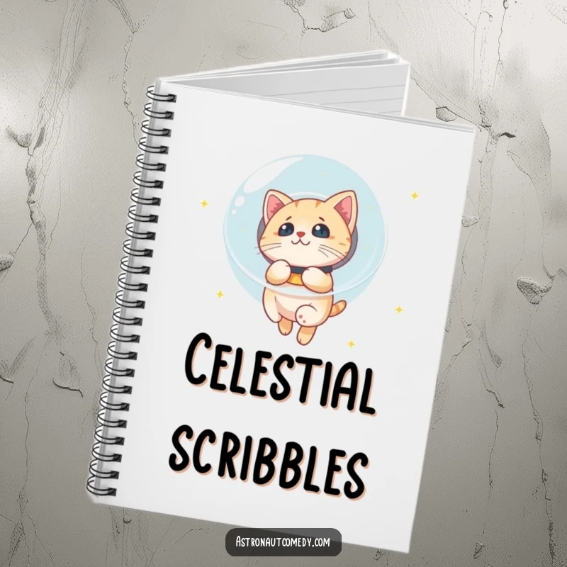Funny notebook cover with a curious cat in a bubble helmet floating in space, observing the stars.