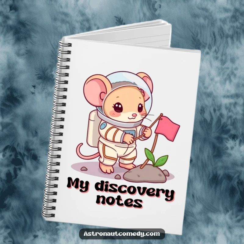 Funny notebook cover featuring a brave mouse in a spacesuit planting a flag, ready for notes.
