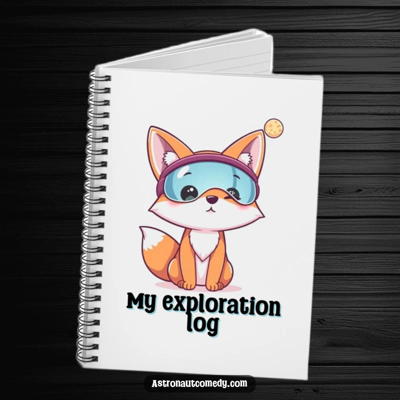 Funny notebook cover featuring a cheerful fox wearing a visor, looking at a distant planet, ready for notes.