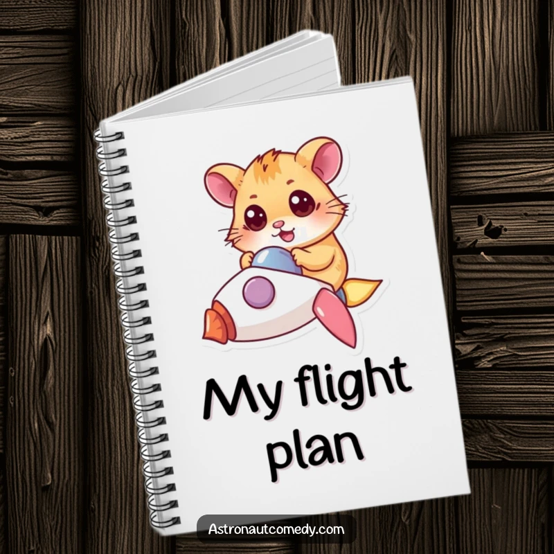 Funny notebook cover featuring a determined hamster with wide eyes piloting a tiny rocket, ready for notes.