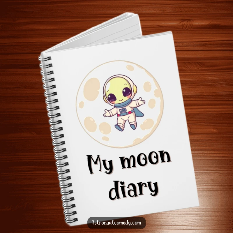 Funny notebook showing a smiling alien astronaut in a spacesuit joyfully bouncing on the moon, perfect for journaling.