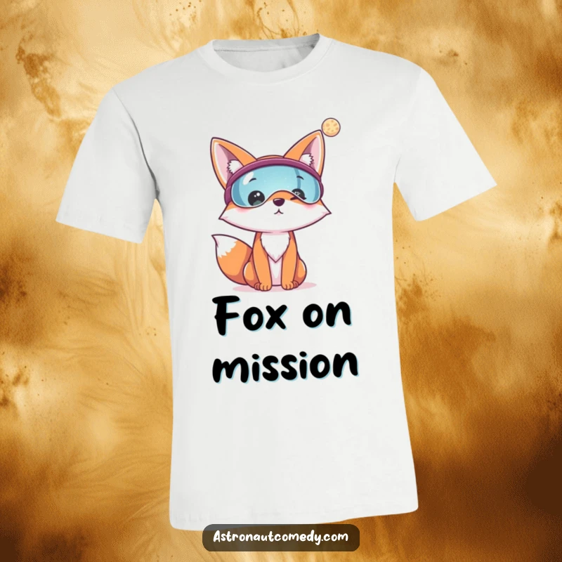 Funny t-shirt graphic of a cheerful fox wearing a visor, looking intently at a distant planet in space.