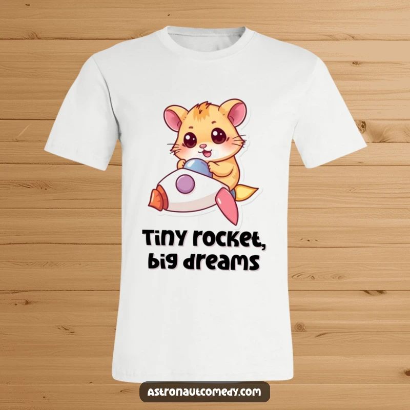 Funny t-shirt graphic of a determined hamster with wide eyes, piloting a small rocket with intense focus.